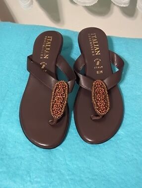 Italian Shoemakers Brown Beaded Toe-Post Sandals